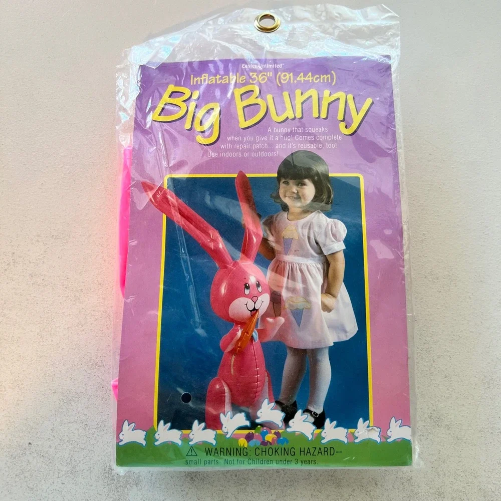 Vintage Easter Unlimited Inflatable Big Bunny 36 Inch Pink Squeaks Blow Up Toy